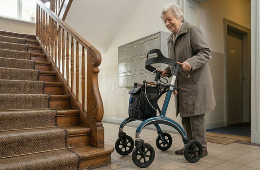 Dame die mit ihrem Rollator vor einer Treppe steht