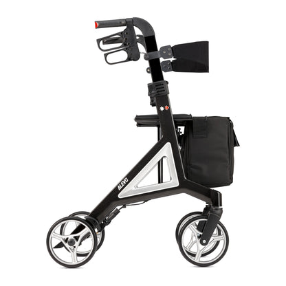 B+B Alevo Carbon Rollator in Silber, Seitenansicht mit Tasche und Rückengurt