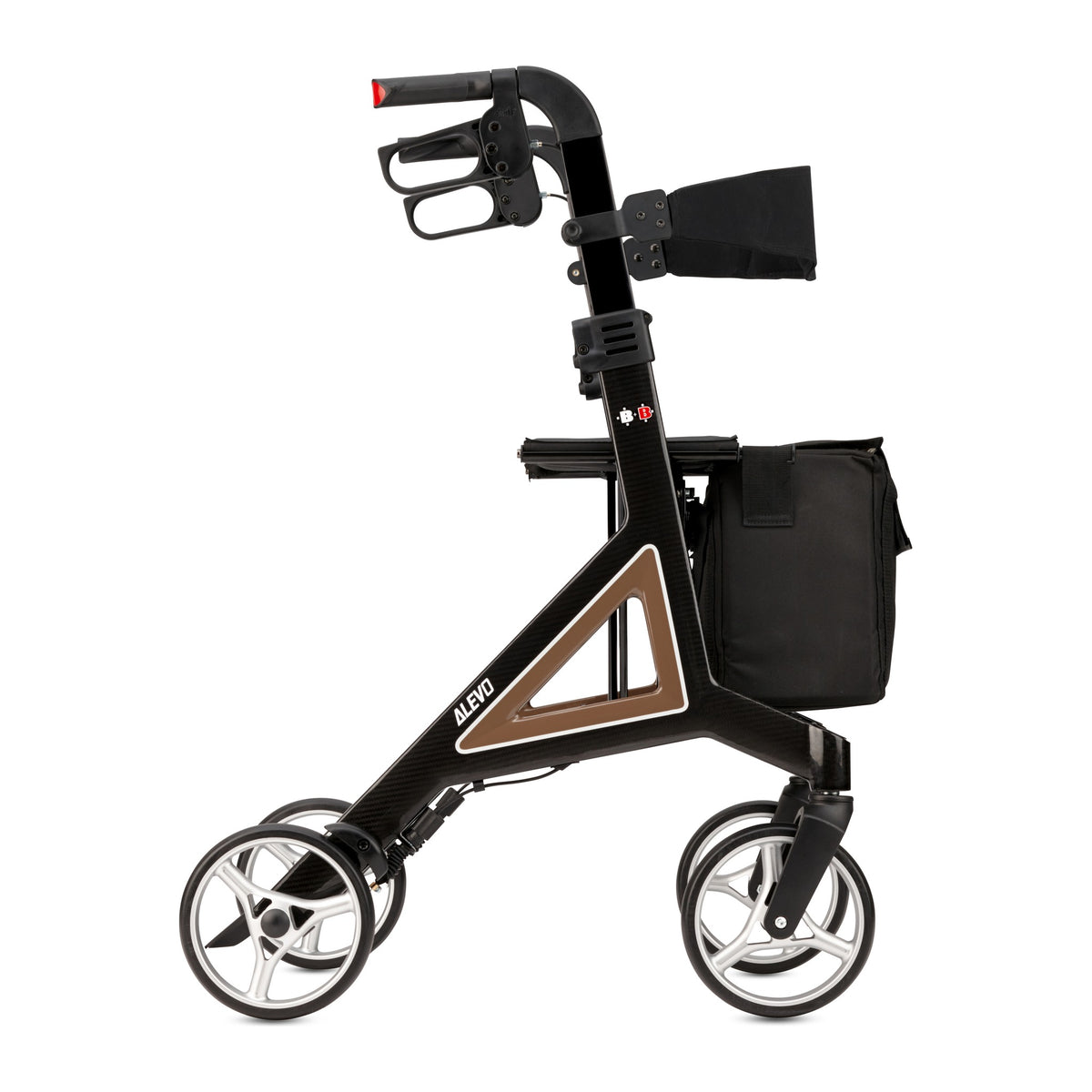 B+B Alevo Carbon Rollator in Mokka, Seitenansicht mit Tasche und Rückengurt