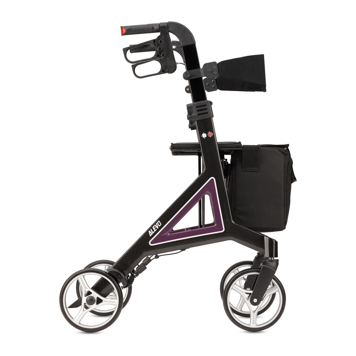 B+B Alevo Carbon Rollator in Aubergine, Seitenansicht mit Tasche und Rückengurt