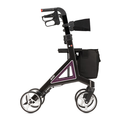 B+B Alevo Carbon Rollator in Aubergine, Seitenansicht mit Tasche und Rückengurt