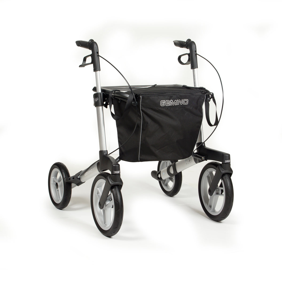 Sunrise Gemino 60 Outdoor Rollator in Silbergrau mit Standardrädern und Tasche mit Deckel