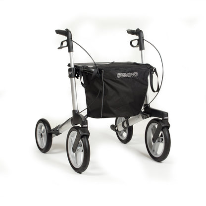 Sunrise Gemino 60 Outdoor Rollator in Silbergrau mit Standardrädern und Tasche mit Deckel