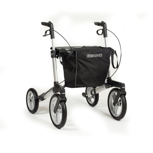 Sunrise Gemino 60 Outdoor Rollator in Silbergrau mit Standardrädern und Tasche mit Deckel