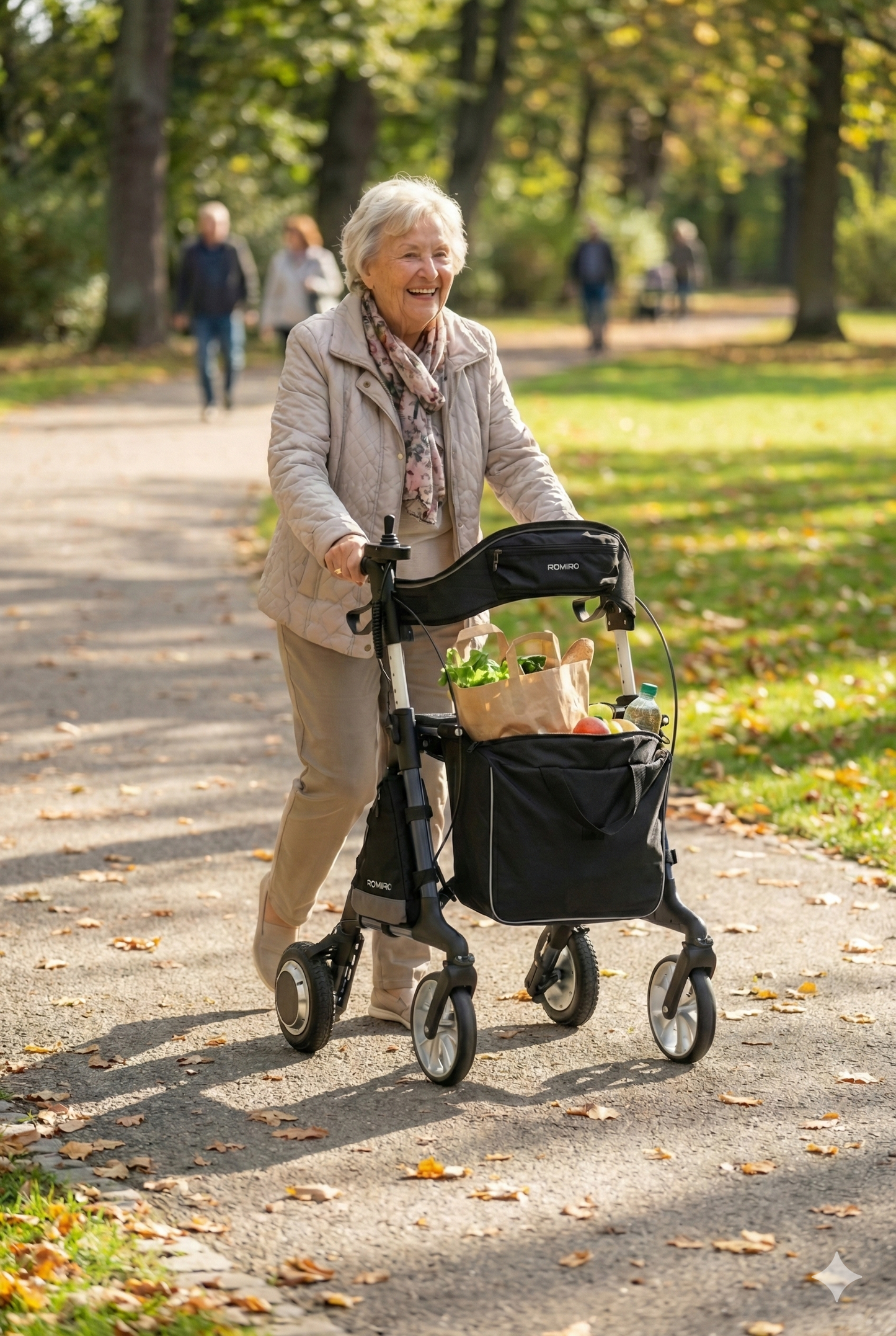Romiro One Elektrorollator, beim Spaziergang im Park - Elektrorollator