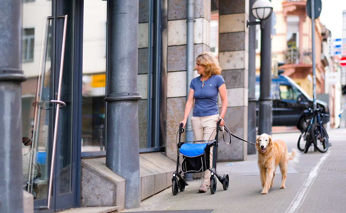 Frau mit Hund und Sunrise Gemino 30 Carbon Rollator mit blauer City-Tasche (optional) in der Stadt