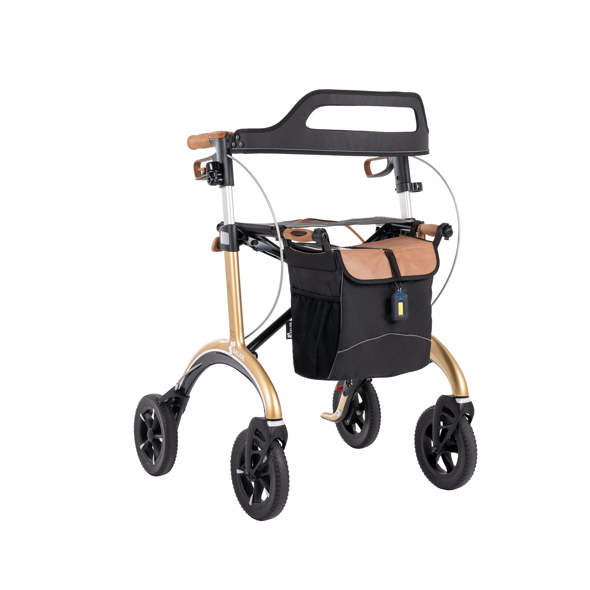 Saljol Carbon Rollator mit Vollausstattung, von schräg vorne - ultraleichter Carbon Rollator