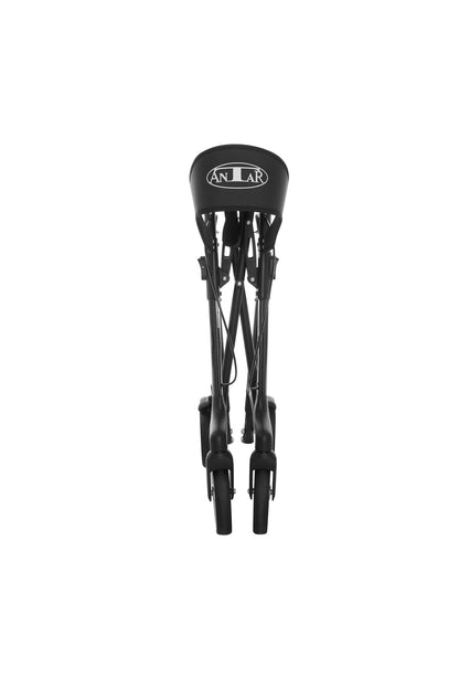 Antar Carbon Rollator Classic in Schwarz, zusammengeklappt, Ansicht von hinten mit Rückenlehne