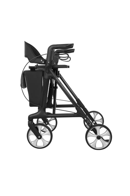 Antar Carbon Rollator Classic in Schwarz, Seitenansicht mit Einkaufstasche