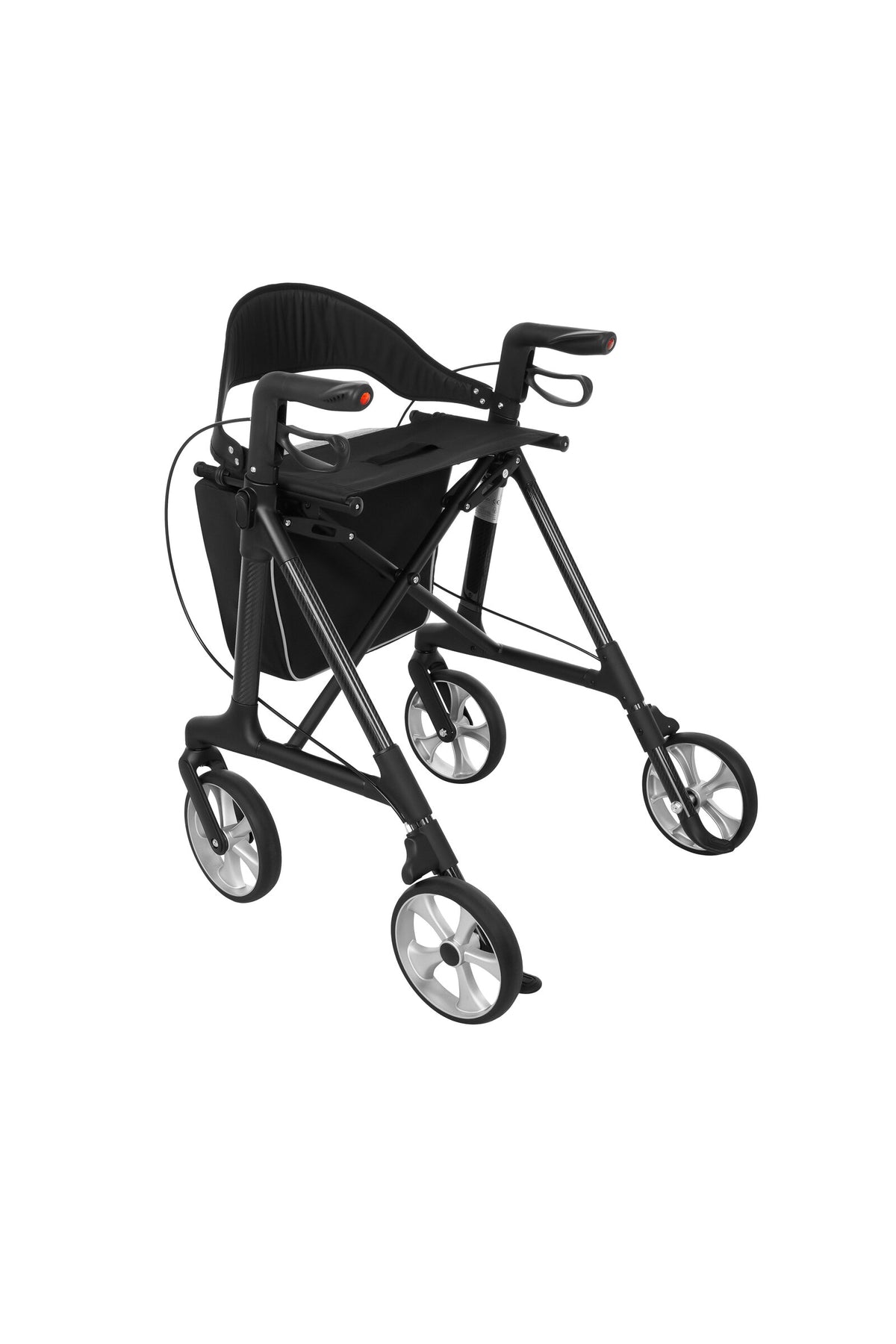 Antar Carbon Rollator Classic in Schwarz, Blick auf Sitz, Rückenlehne und geöffnete Einkaufstasche