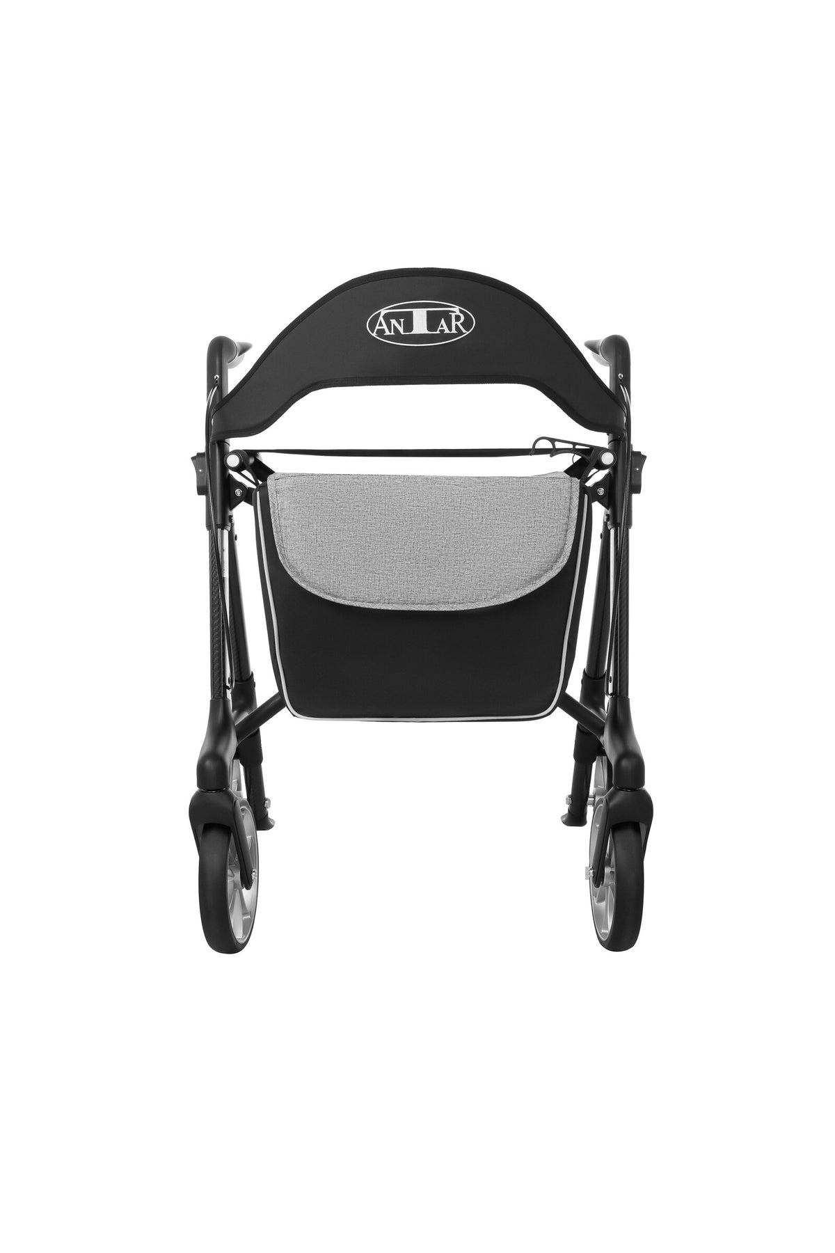 Antar Carbon Rollator Classic in Schwarz, Vorderansicht mit Rückenlehne und Einkaufstasche