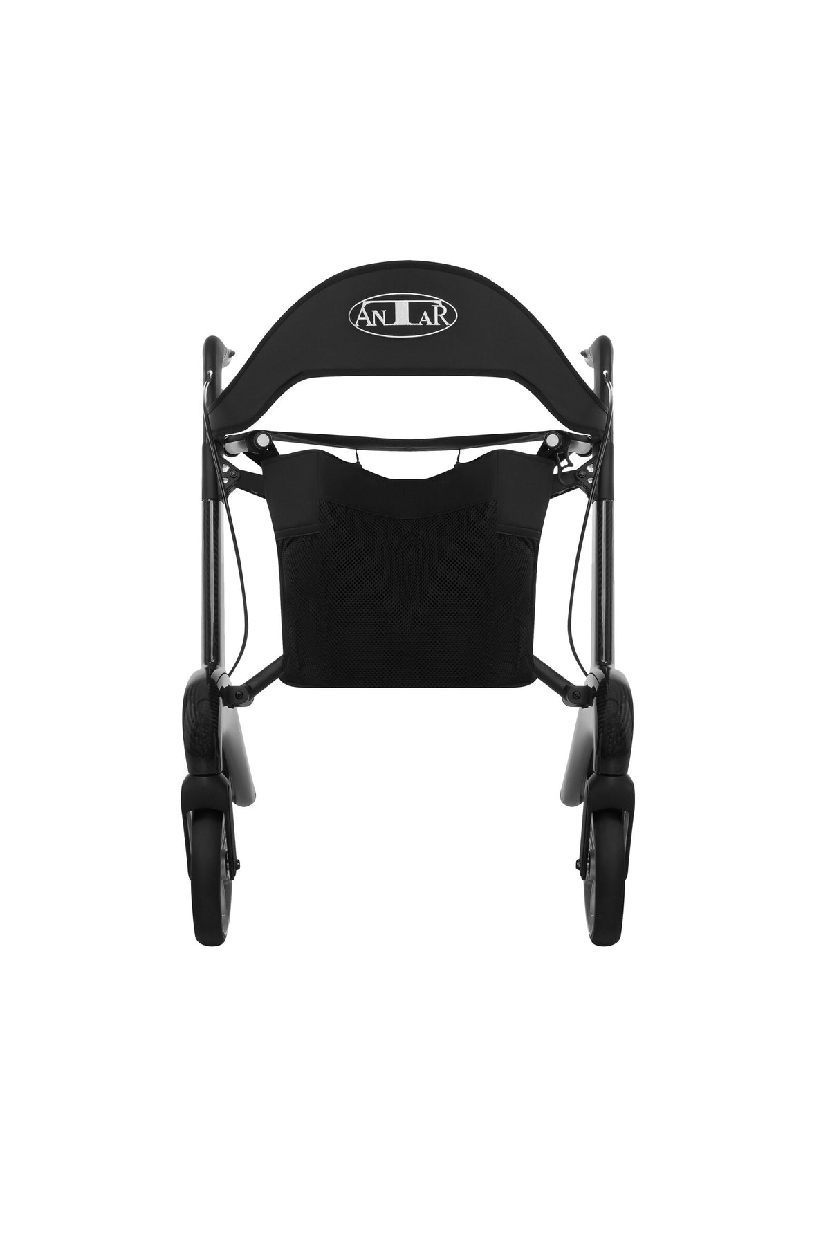 Antar Carbon Rollator Premium in Schwarz, Frontansicht mit Rückenlehne und Einkaufstasche