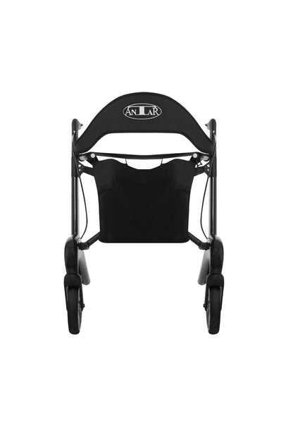 Antar Carbon Rollator Premium in Schwarz, Frontansicht mit Rückenlehne und Einkaufstasche