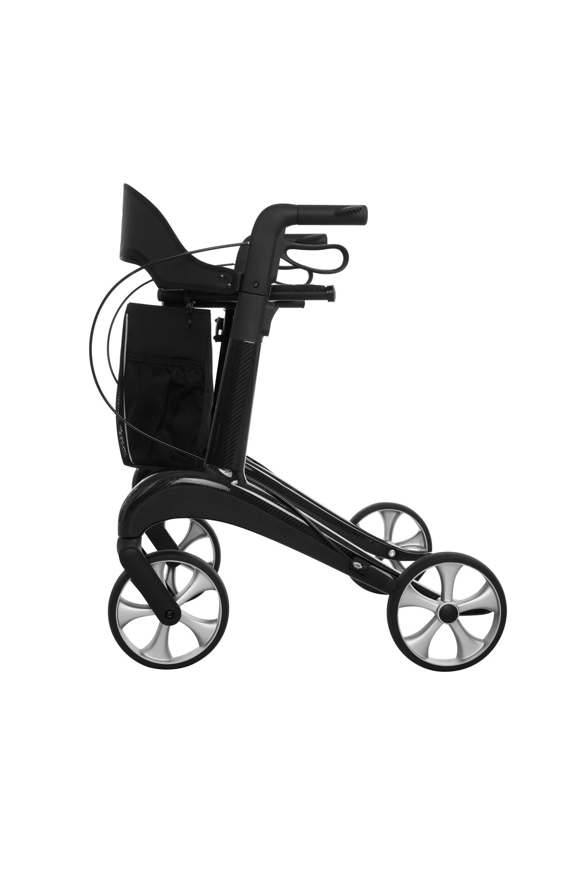 Antar Carbon Rollator Premium in Schwarz, Seitenansicht mit Einkaufstasche