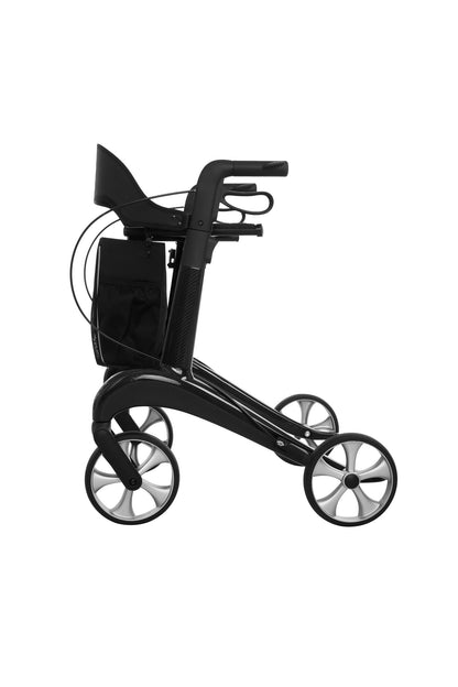 Antar Carbon Rollator Premium in Schwarz, Seitenansicht mit Einkaufstasche