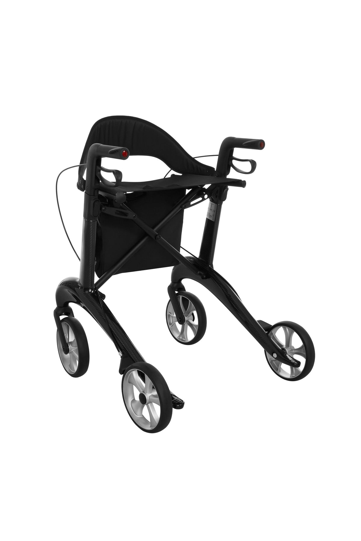 Antar Carbon Rollator Premium in Schwarz, schräg mit Blick auf Sitz und Rückenlehne