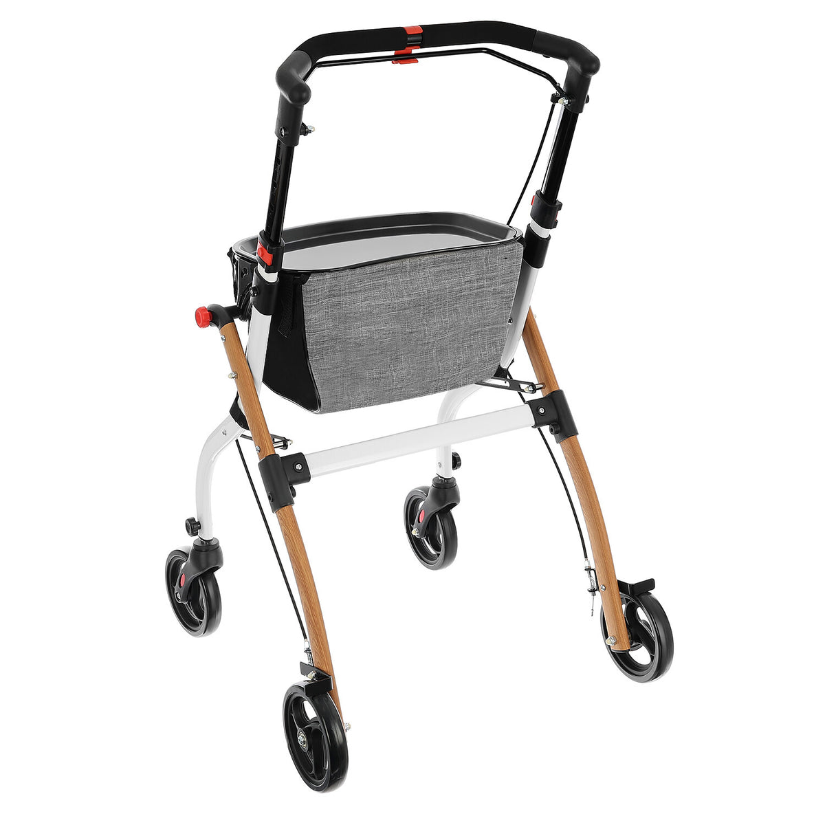 Antar Wohnraumrollator in Halbholzoptik, schräg von vorne mit Tablett und Einkaufstasche