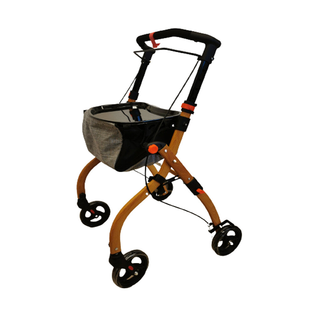 Antar Wohnraumrollator in Vollholzoptik, schräg von vorne mit Tablett und Einkaufstasche