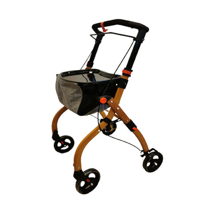 Antar Wohnraumrollator in Vollholzoptik, schräg von vorne mit Tablett und Einkaufstasche