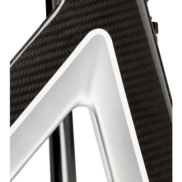Detail des Carbonrahmens mit Dreieck in Silber am B+B Alevo Carbon