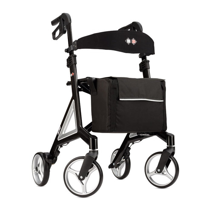 B+B Alevo Carbon Rollator in Silber, Ansicht von hinten mit Komfortrückengurt und Tasche