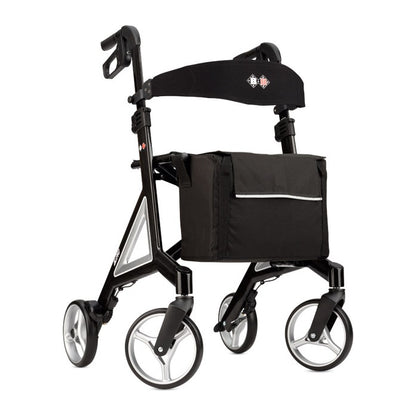 B+B Alevo Carbon Rollator in Silber, Ansicht von hinten mit Komfortrückengurt und Tasche