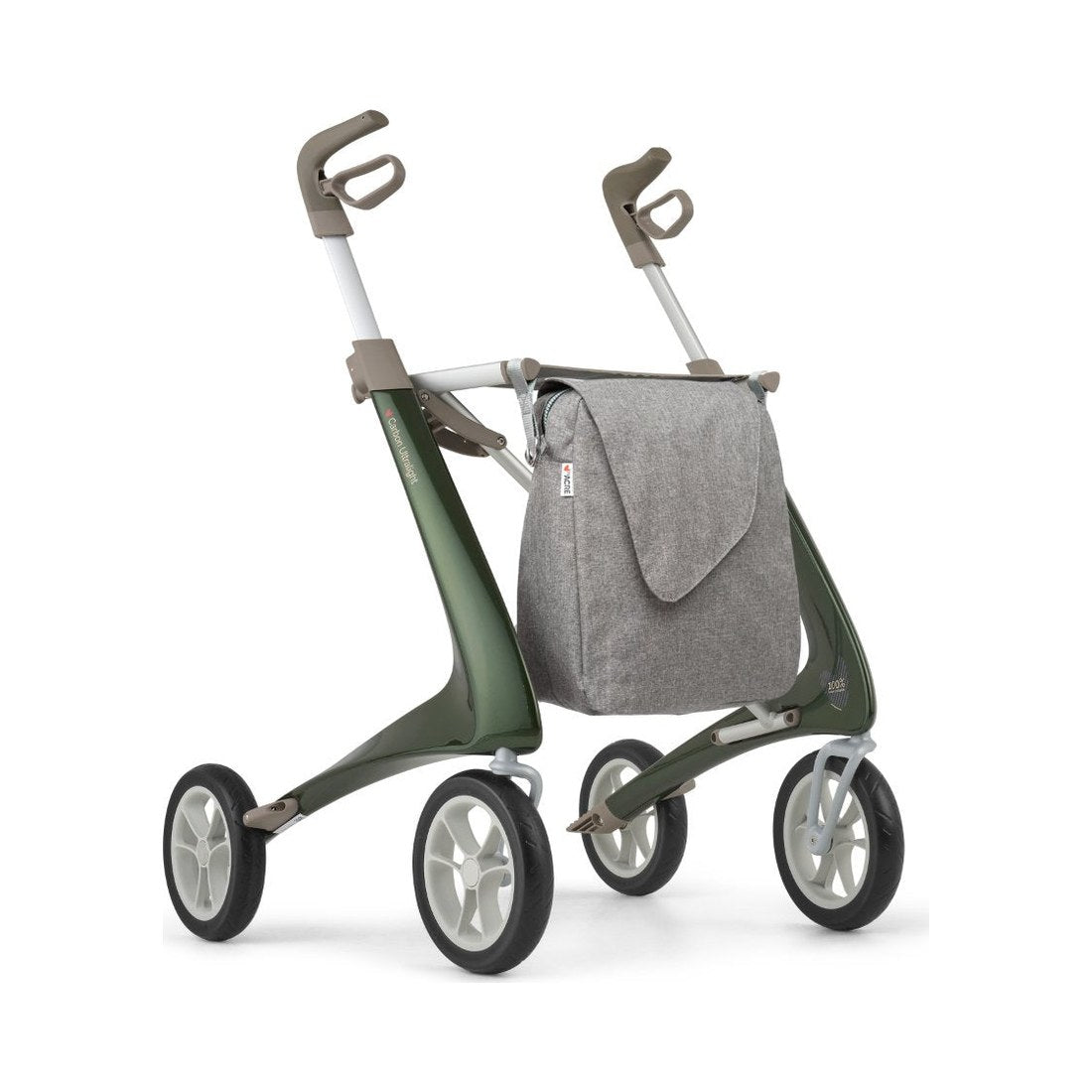 byACRE Carbon Ultralight Komfort Rollator in Dunkelgrün, Schrägansicht mit grauer Tasche