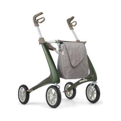 byACRE Carbon Ultralight Komfort Rollator in Dunkelgrün, Schrägansicht mit grauer Tasche
