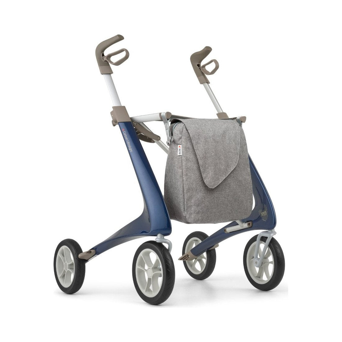 byACRE Carbon Ultralight Komfort Rollator in Königsblau, Schrägansicht mit grauer Tasche