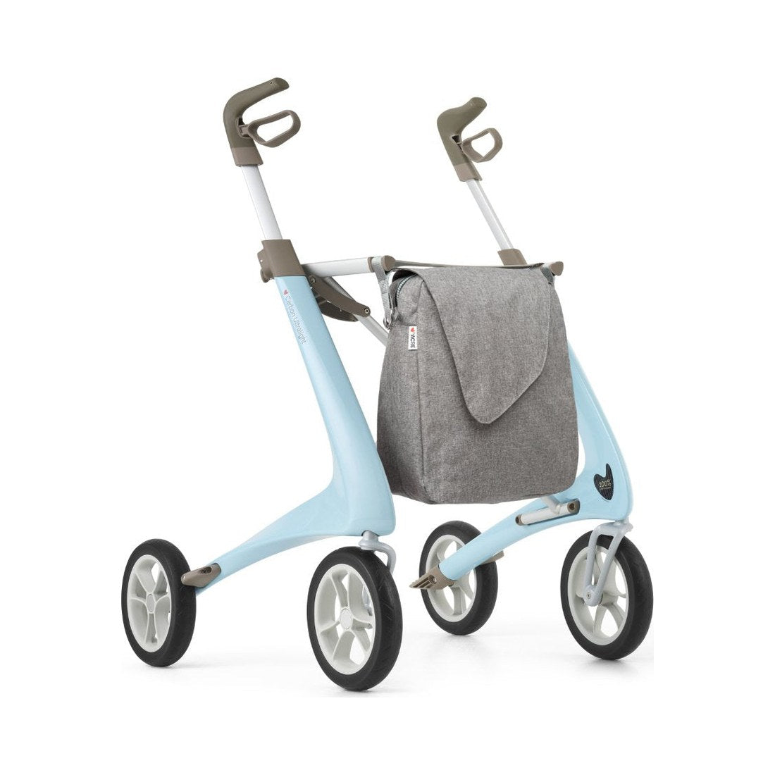 byACRE Carbon Ultralight Komfort Rollator in Morning blue, Schrägansicht mit grauer Tasche
