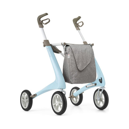 byACRE Carbon Ultralight Komfort Rollator in Morning blue, Schrägansicht mit grauer Tasche