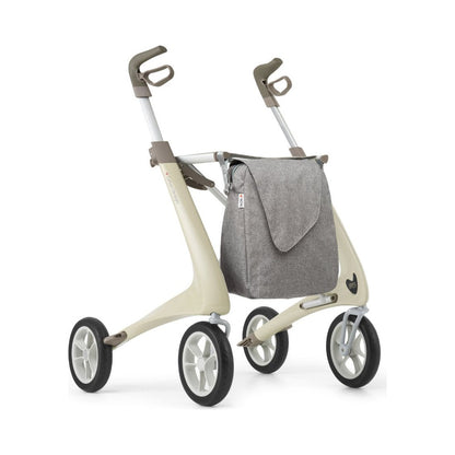 byACRE Carbon Ultralight Komfort Rollator in Perlweiß, Schrägansicht mit grauer Tasche