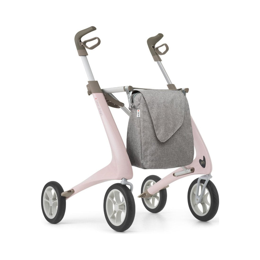 byACRE Carbon Ultralight Komfort Rollator in Rosa, Schrägansicht mit grauer Tasche