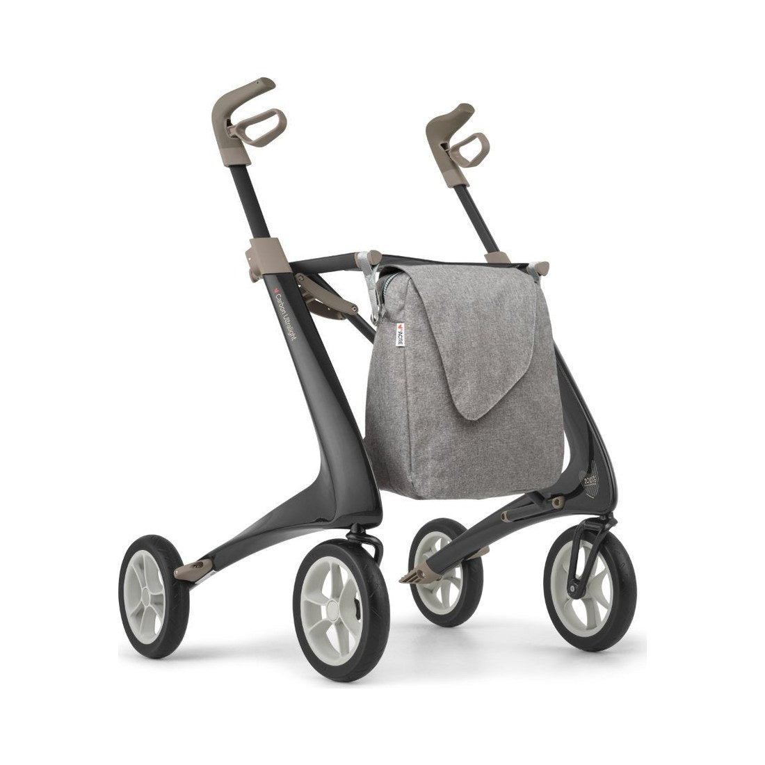 byACRE Carbon Ultralight Komfort Rollator in Schwarz, Schrägansicht mit grauer Tasche