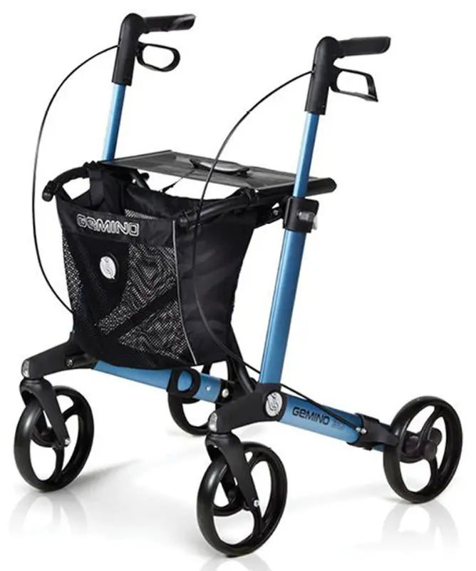 Sunrise Gemino 30 Rollator in Saphirblau mit Standardrädern, von schräg vorne - Leichtgewicht-Rollator