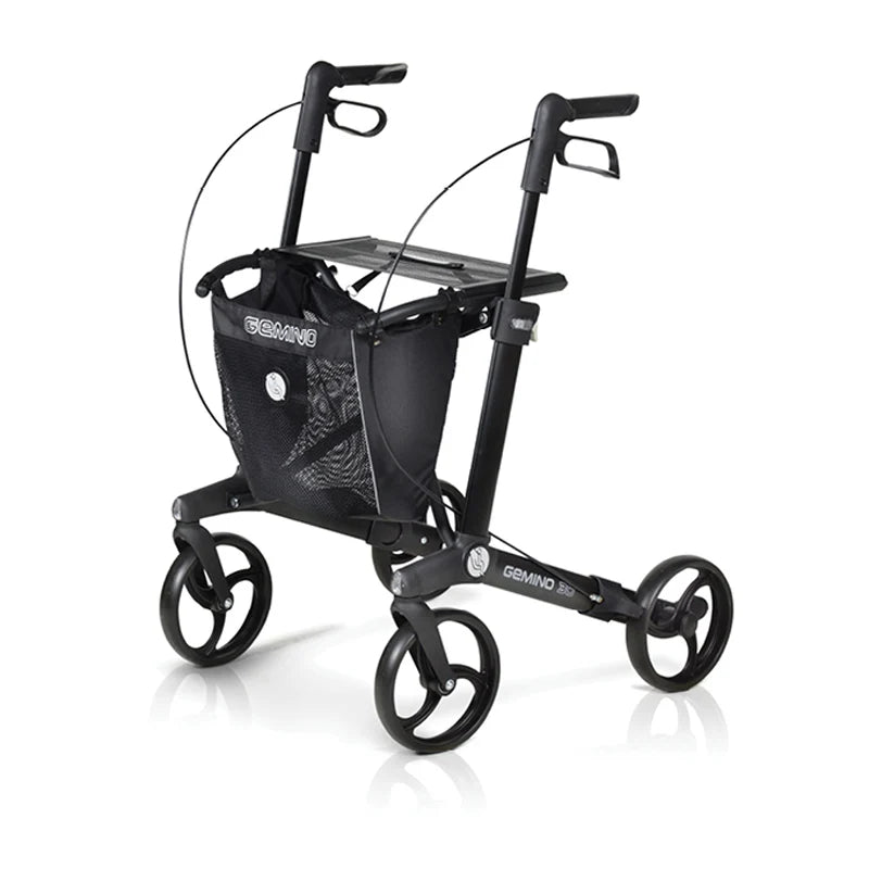 Sunrise Gemino 30 Rollator in Schwarz mit Standardrädern, von schräg vorne - Leichtgewicht-Rollator