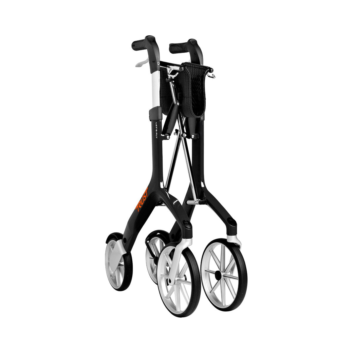 Trust Care Let's Fly Rollator in Schwarz, zusammengeklappt in der Frontansicht